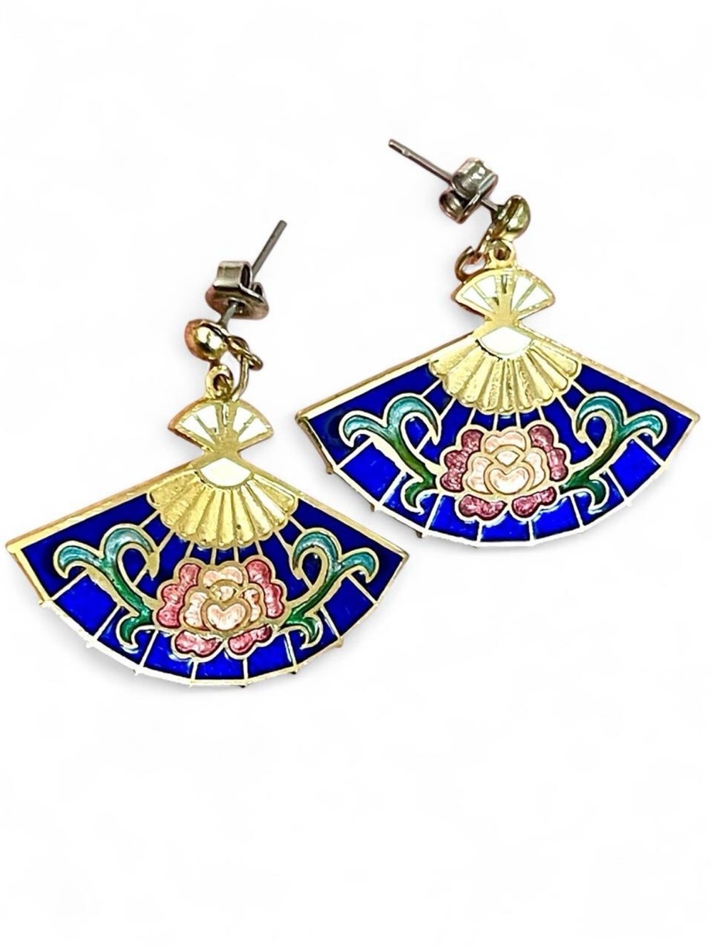 Vintage CloisonnƩ Chinese Fan Earrings Cobalt Blue Gold Floral Asian Revival EUC